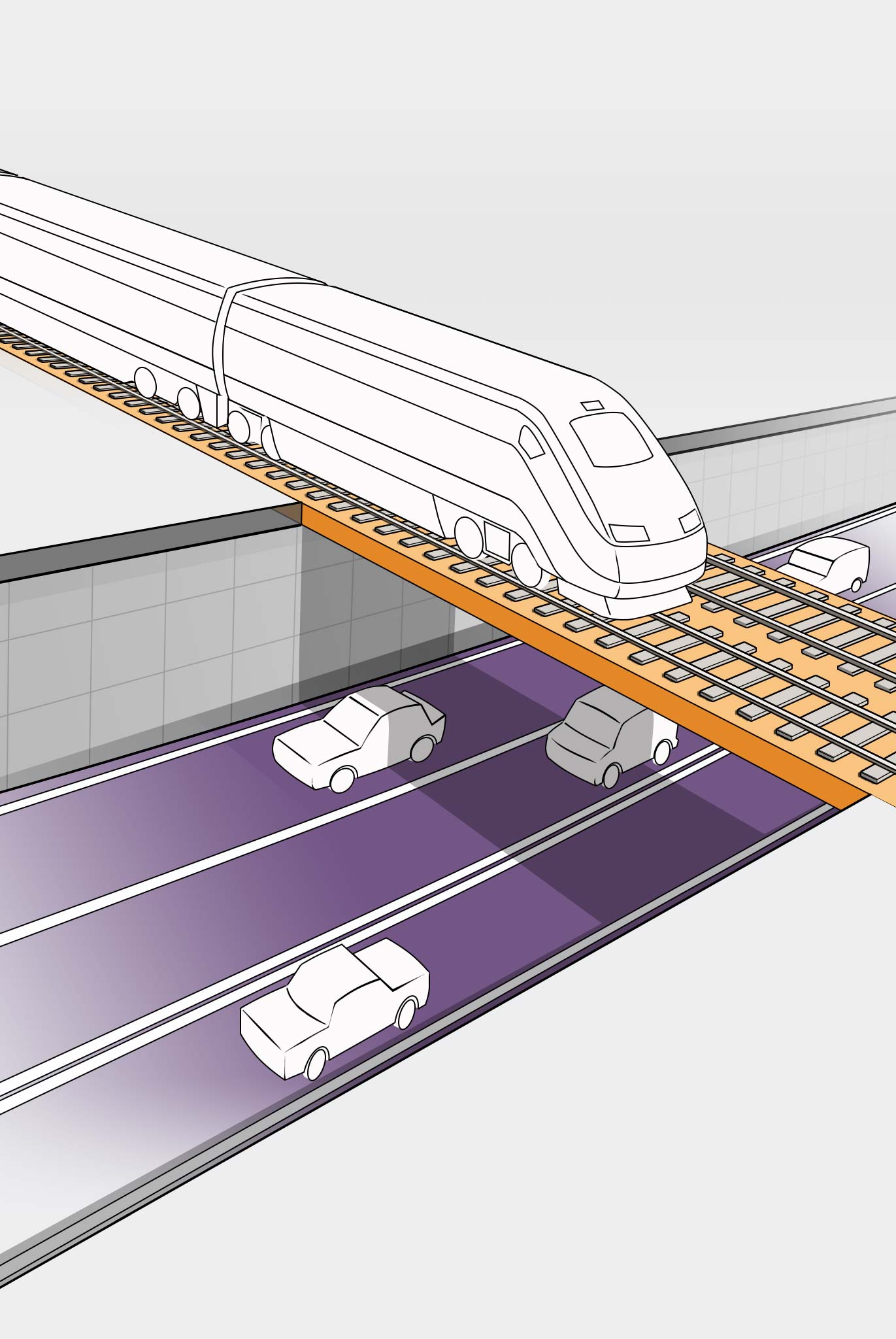 Illustration with a high-speed train crossing diagonally through the scene, a satellite, radar, and tower are communicating with the train; vehicles are parked at gates which are blocking the track as the train passes; an operator is monitoring conditions from computers.