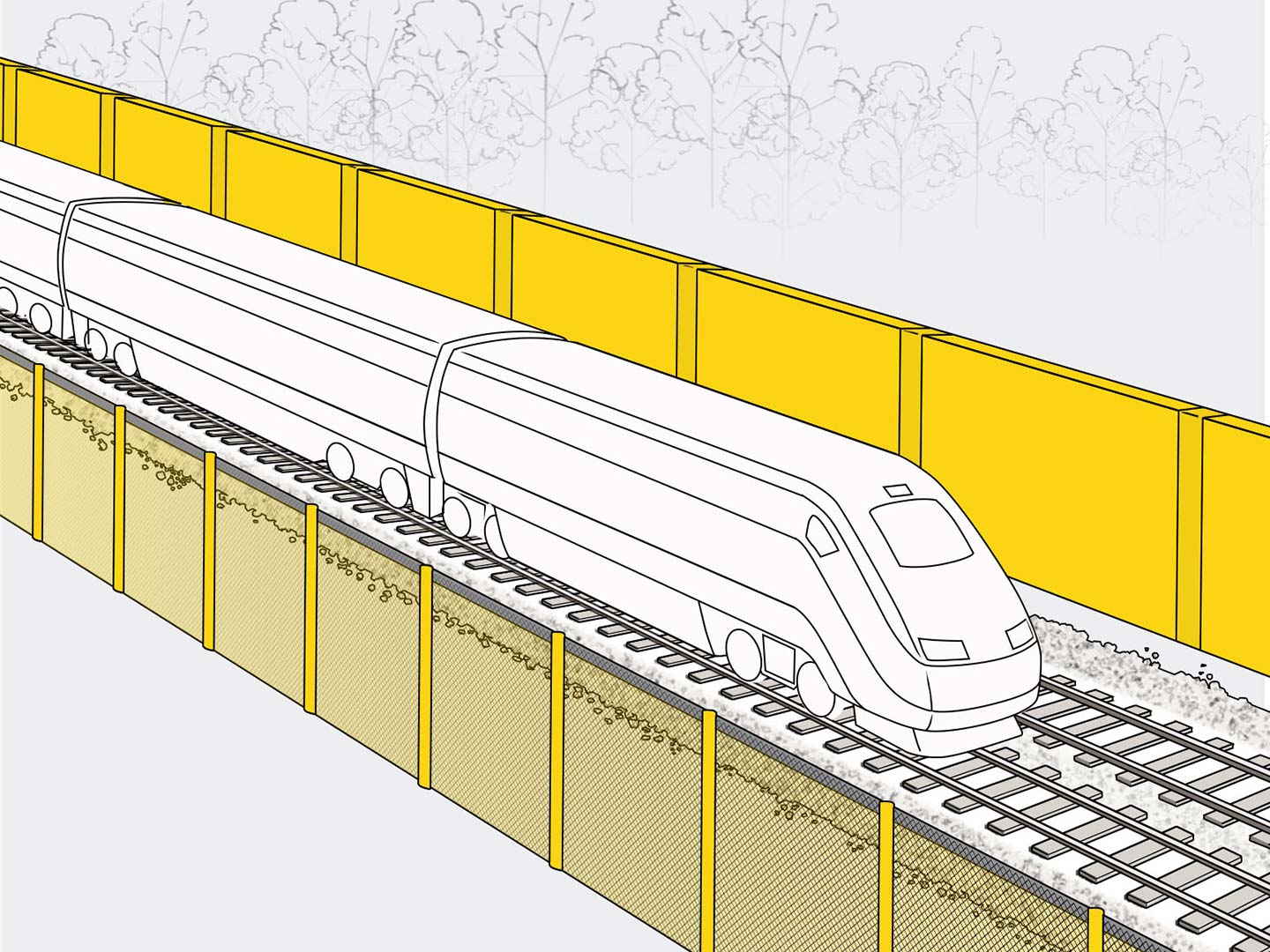 Illustration with a high-speed train crossing diagonally through the scene, a satellite, radar, and tower are communicating with the train; vehicles are parked at gates which are blocking the track as the train passes; an operator is monitoring conditions from computers.