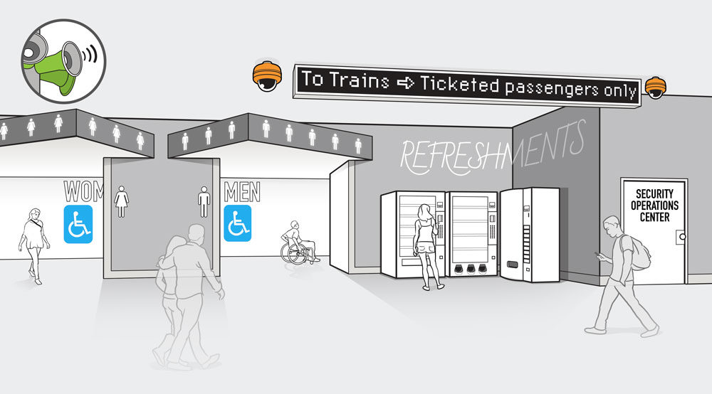 Illustration with a high-speed train crossing diagonally through the scene, a satellite, radar, and tower are communicating with the train; vehicles are parked at gates which are blocking the track as the train passes; an operator is monitoring conditions from computers.