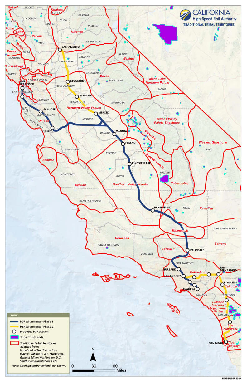 Map that illustrates traditional tribal territories and Tribal Trust Lands in California in the vicinity of the California High-Speed Rail alignment