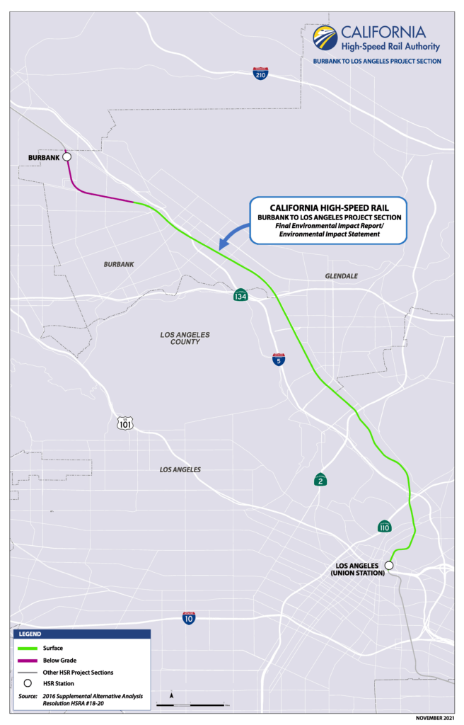 Map of Burbank to Los Angeles proposed high-speed rail route.
