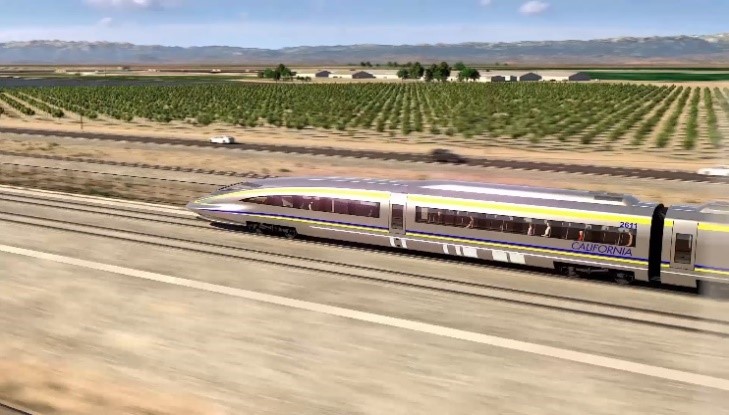Conceptual rendering of high-speed rail traveling past agricultural fields. 