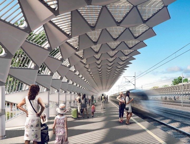 Conceptual rendering of a canopy platform at a high-speed rail station with passnegers preparing to board a train. 