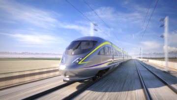 Rendering of a California High-Speed Rail train speeding along tracks with a catenary system overhead on a sunny day.
