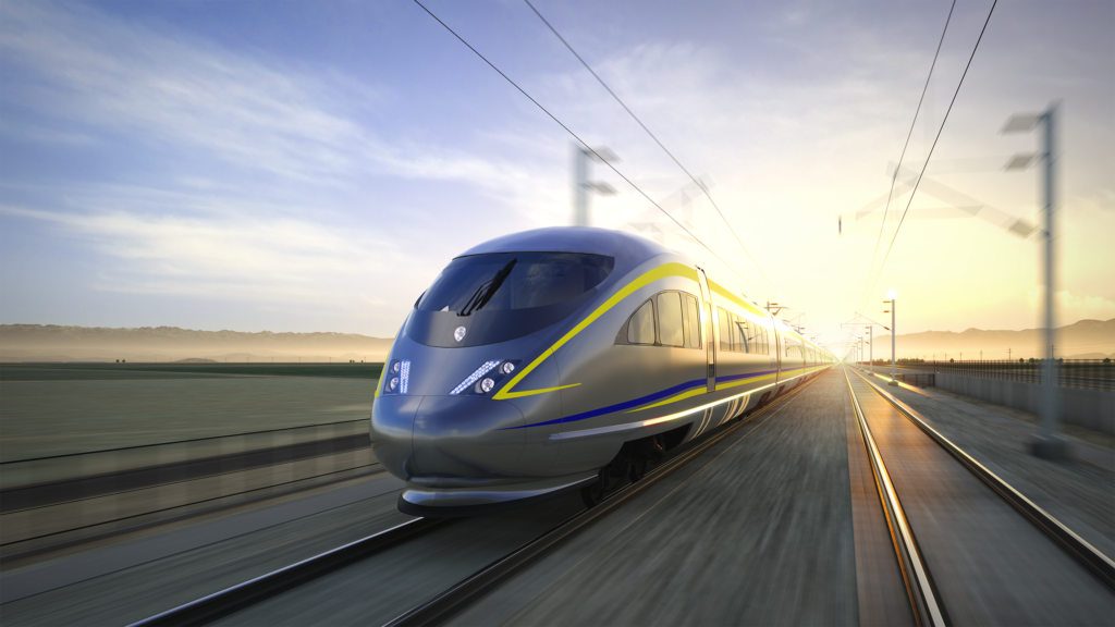 Rendering of a high-speed train in motion at dusk