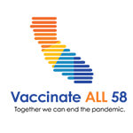 California shape icon in multi-colors, Vaccinate ALL 58, Together we can end the pandemic.