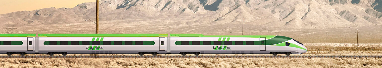 Rendering of Brightline high-speed train on train tracks