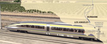 Rendering of high-speed train with Burbank to Los Angeles map