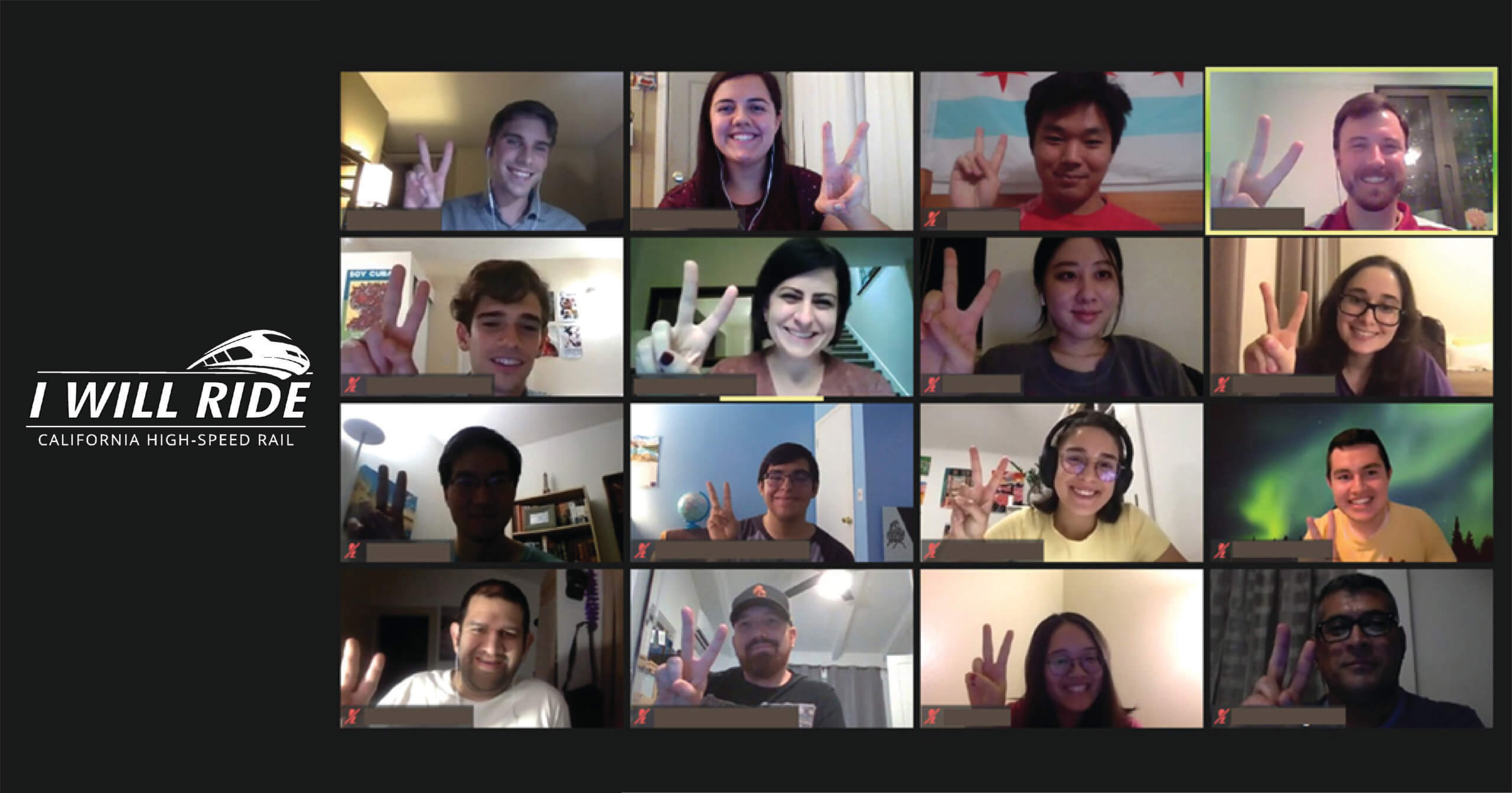 People on a zoom meeting making peace signs that are recognized as the USC “fight on” sign. 