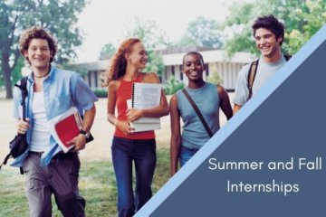 Graphic with an image and title. Title reads “Summer and Fall Internships.” Graphic is four young students walking outside in the grass.