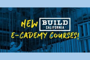 Graphic with two iron workers on a construction site. Graphic reads “New E-Cadamy Courses” with a logo of Build California.