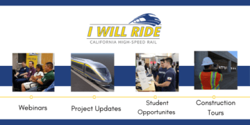  Informational flyer for student I Will Ride program. Webinars, Project Updates, Student Opportunities and Construction Tours. Photos of professionals panel, train rendering, students tabling and construction tour. 