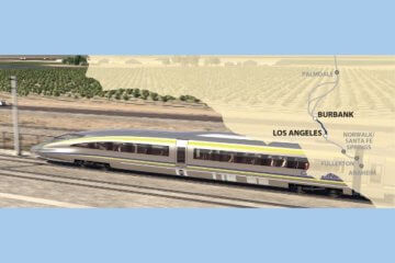 High-speed rail train traveling through orchards with a map laid over the graphic. The map shows an alignment through Los Angeles with the Burbank to Los Angeles alignment bolded.