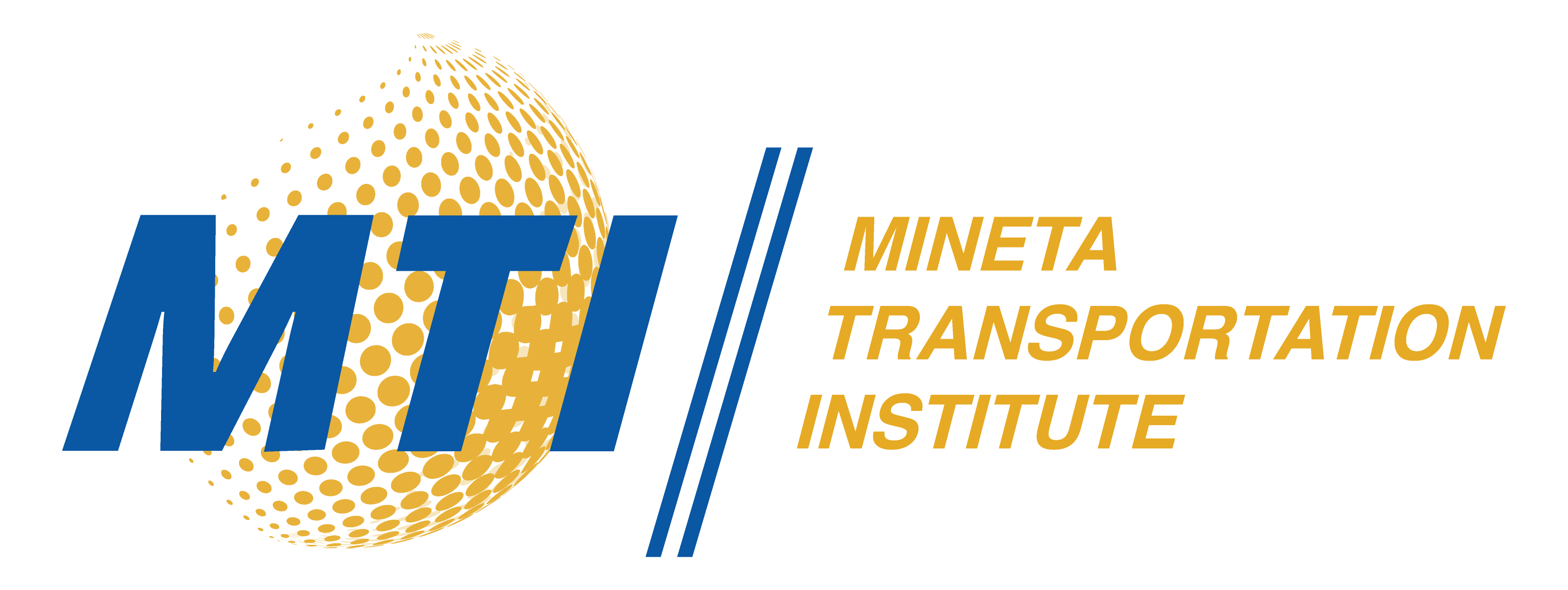 Program lolo, Letters MTI in blue over a fading and doted circle, two slanted lines in the middle with yellow words reading Mineta Transportation Institute 