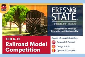 Ad for Rail Competition. Text includes Fresno State Transportation Institute Hosting k-12 Railroad Model Competition. 