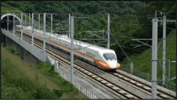 High-speed train on tracks coming out of tunnel on green hillside