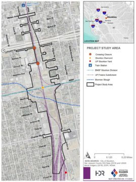 Map of impacted streets of the project in Stockton with map key for important locations