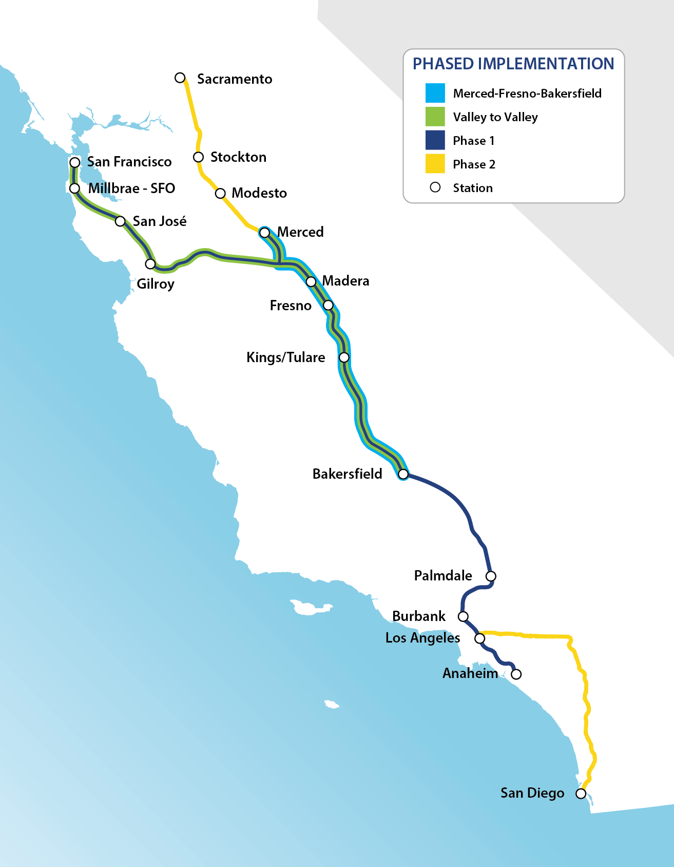 map of HSR alignment with a key to identify phases, stretches, and stations