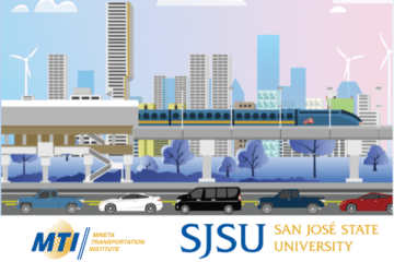 Color and vibrant graphic with a rendering of a train over a platform with cars driving underneath and lots of skyscraper buildings in the background.
