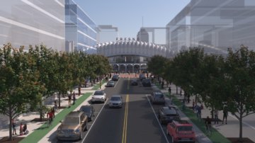 Street-level conceptual rendering of the future high-speed rail station in Fresno