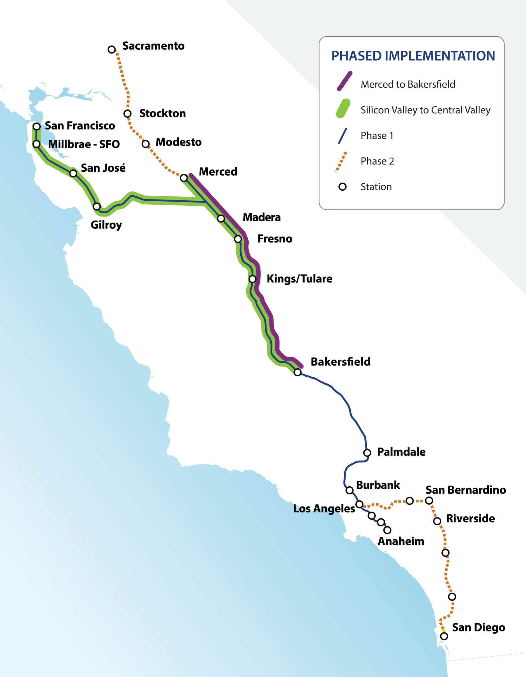 Phased Implementation map for California high-speed rail system