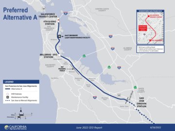Map showing preferred alternative route of the high-speed rail system from San Francisco to San Jose, via the existing Caltrain corridor.