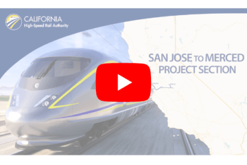 Train traveling to one side of graphic that fades into a map of California with the San Jose to Merced project section alignment bolded. There is a large play button over graphic to prompt viewers to click the link towards the video. 