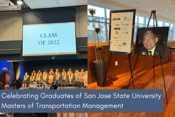 Two photos side by side. One photo is a group of 20 or so graduates sitting on a stage behind a woman in front of a podium and above their seats reads Class of 2022. The other photo is a smiling photo of an older man and a sign of logos that are program sponsors. 