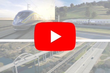 Collage of high-speed rail photos including two train renderings and one drone footage of a viaduct structure over a river. Collage has a play button over it pointing readers to click on the photo to view the video.