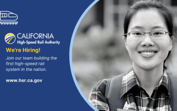 Young woman smiling at the camera. Text that details that the California High-Speed Rail Authority is hiring. 