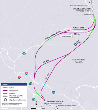 A detailed map of the potential routes of the HSR system between Palmdale and Burbank in southern California. Various colors denote whether the route is on, above, or underground and are detailed in a key on the map. A more detailed description can be provided by contacting info@hsr.ca.gov.