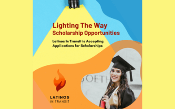 Young woman smiling and wearing graduation cap and gown. Details on the flyer provide details about the Latinos in Transit Scholarship. 
