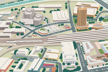 artist's rendering of high-speed rail trains coming into Union Station in downtown Los Angeles