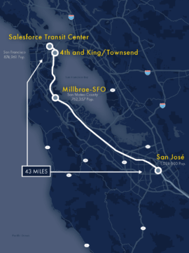 Map of the San Francisco to San José project section alignment