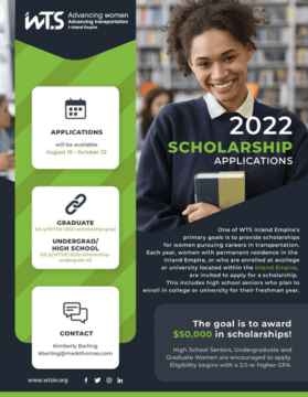 Informational flyer with a young woman in school uniform holding a book. Flyer details that the application is open from August 15 to October 22 of 2022, they have high-school, undergraduate and graduate student scholarships, and detail Kimberly Barling kbarling@markthomas.com as the primary contact. 