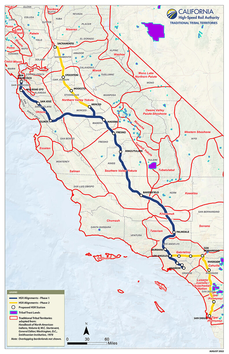 California map highlighting high-speed rail alignment and tribal territories