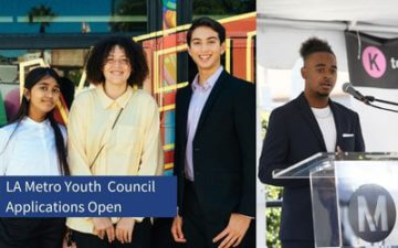 One photo of three students in high school smiling. The students are standing outside. Another photo of a high-school student speaking in front of a podium. The podium has a large M in front, which is the logo for LA Metro. The title of the snippet included on the graphic and reads LA Metro Youth Council Applications Open. 