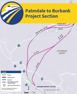 Map that shows various routes between Palmdale and Burbank. The various routes on the map represent map “alternatives” in the environmental review process. Title reads Palmdale to Burbank Project Section. 