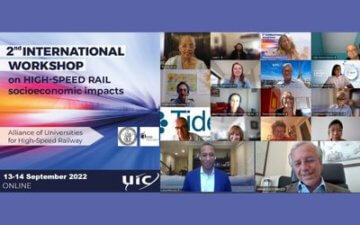 Flyer that reads 2nd International Workshop on High-Speed Rail socioeconomic Impacts Alliance of Universities for High-Speed Railway 13-14 September ONLINE. Another screenshot next to the flyer with people smiling on a virtual call. 