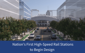 Photo of a high-speed rail station rendering with a large canopy structure and a road next to the station with buses, cars, pedestrians and cyclists. The road is lined with trees next to it. Title included in the graphic that reads Nations First High-Speed Rail Stations to Begin Design