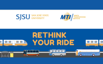 Flyer that reads MTI Elementary Poster Contest with illustrations of a high-speed rail train, buses cars, trolleys and the San Jose State and Mineta Transportation Institute logos.