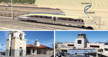 images of high-speed train rendering, a transportation station and an airport terminal