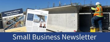 There is a picture of a construction worker working in the day. Over that same image are two pages out of the newsletter. Below is text that reads Small Business Newsletter. 