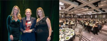 Two images side by side. The first image is three women in formal attire standing on a stage and smiling. The middle woman is holding a glass award. The photo next to it is in a large banquet hall with people sitting and eating dinner. 