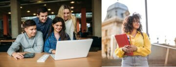 Two photos side by side. The photo on the left is four students looking at a computer screen smiling. The photo on the right is one female alone outside in front of a large student building. The woman is holding a binder and some notebooks. 