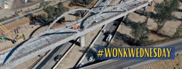 Drone level photo of a high-speed rail viaduct with four large concrete arches. Text on the image reads “#wonkwednesday.”