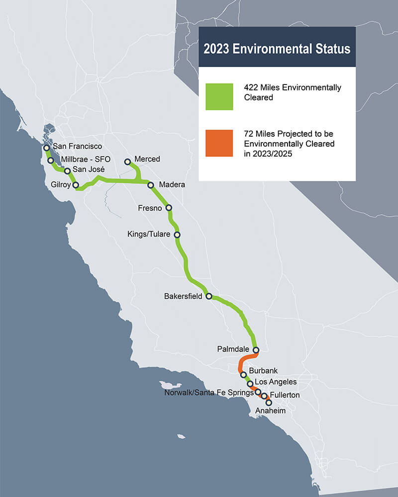 Map of environmental clearance status along the California high-speed rail alignment
