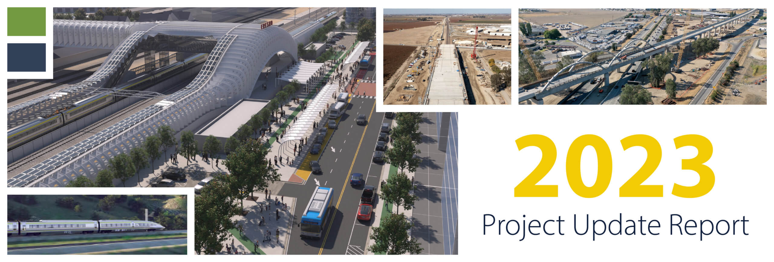 2023 Project Update Report title with images of train and station renderings, construction and arched structure