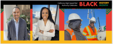Graphic to celebrate Black History Month. The background has three colors that align with the branding for the national Black History Month. The graphic includes three separate photos. One photo is a photo of a man outside wearing a blazer, another is a female in a blazer in front of a window that oversees a downtown skyline, and the last photo is a man speaking to someone, both outside on a construction site wearing a hard hat and safety vests.