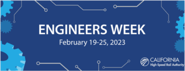 Graphic for Engineers Week with the dates of Engineers Week. The graphic contains gears and vectors to represent engineering. The graphic also has the California High-Speed Rail Authority logo.